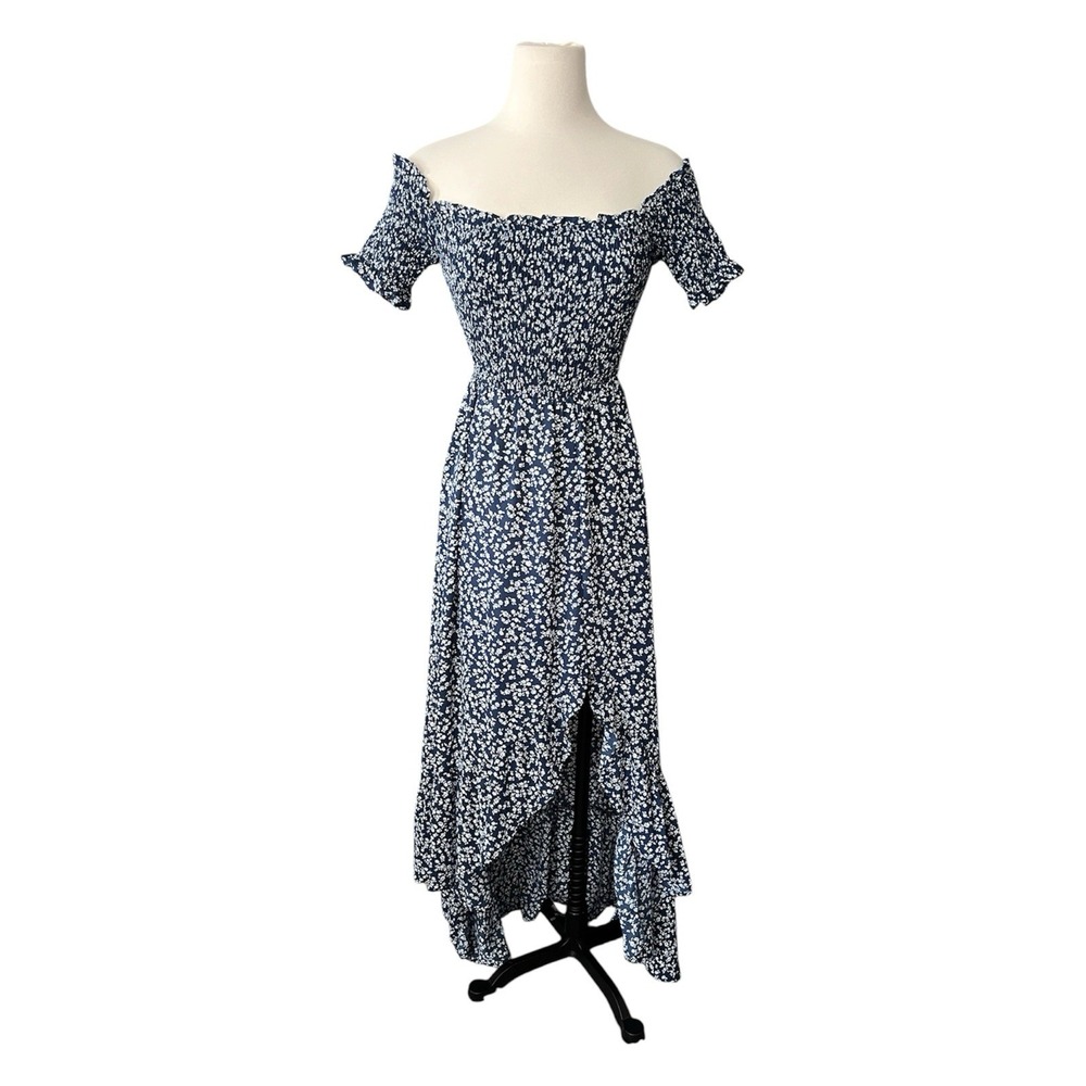 Blue Rain Small Navy Floral Smocked Off The Shoulder High Low Dress Cottagecore